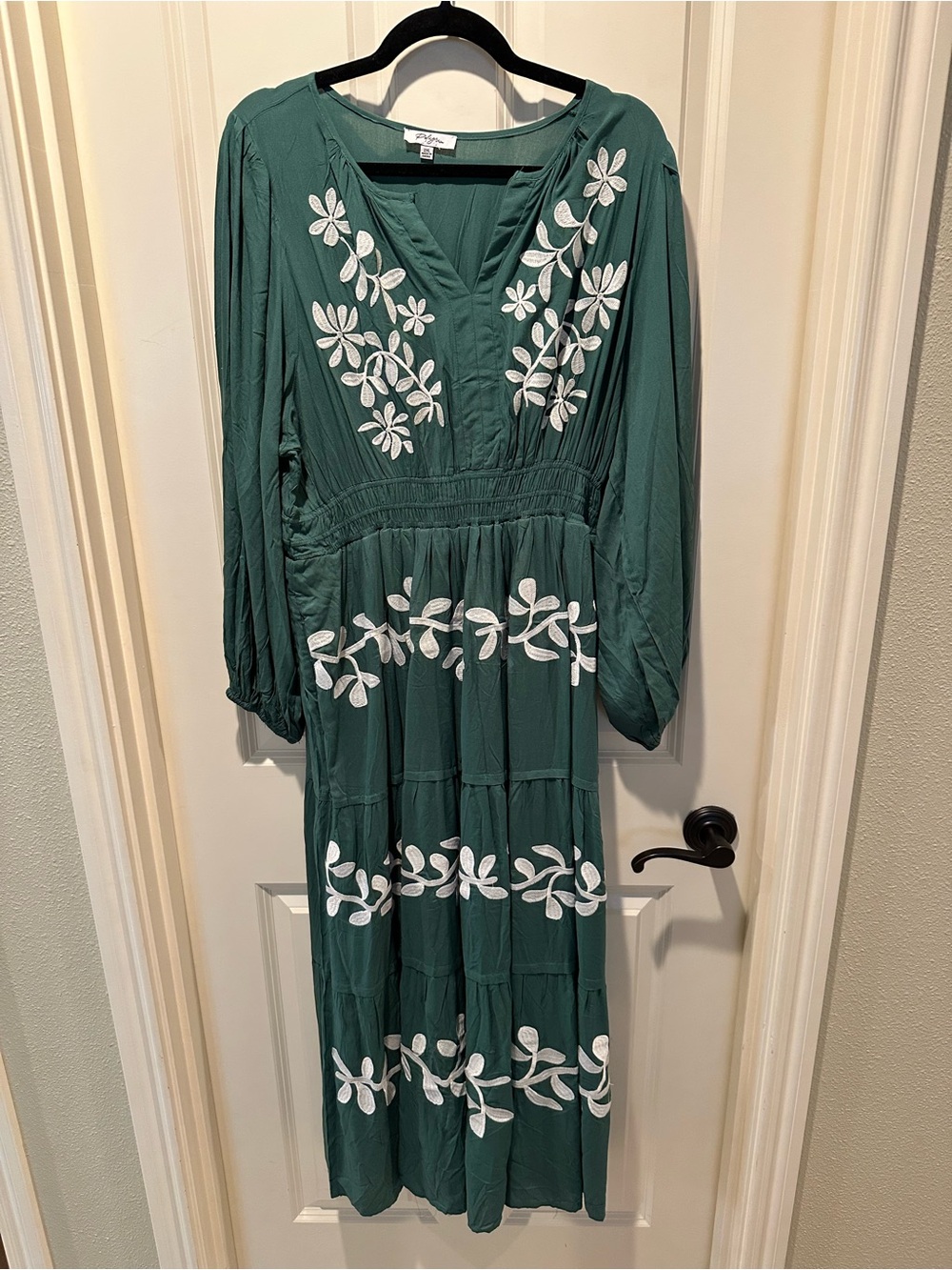Polagram Teal Maxi Dress with White Floral Embroidery